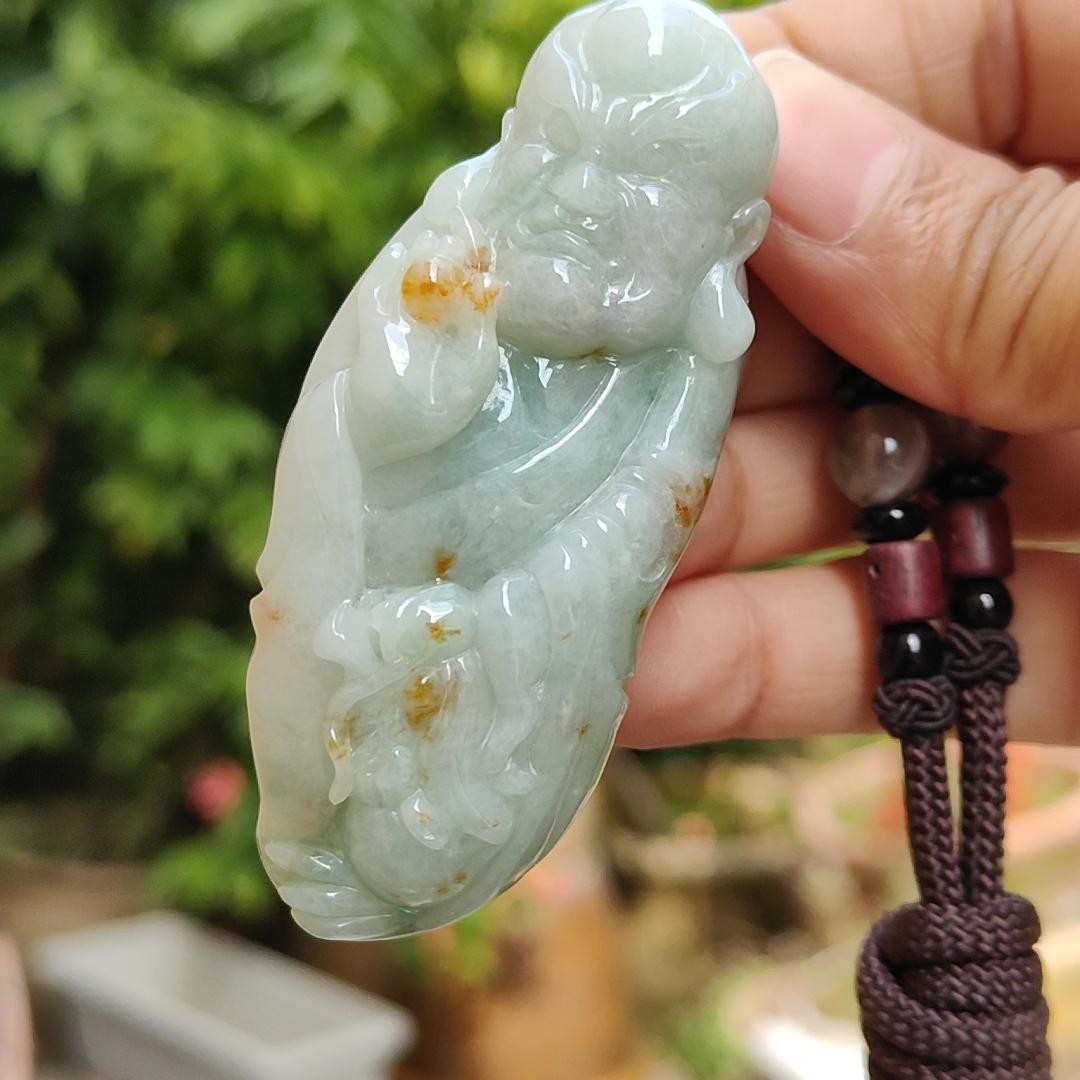 Light Green with Golden Yellow Patches Super Rare Natural Type A Jadeite Jade crafted with Arhat as Pendant, certificate weighs 57.71 grams, measurement 69.7 * 39.3 * 14.5 mm (pendant263)