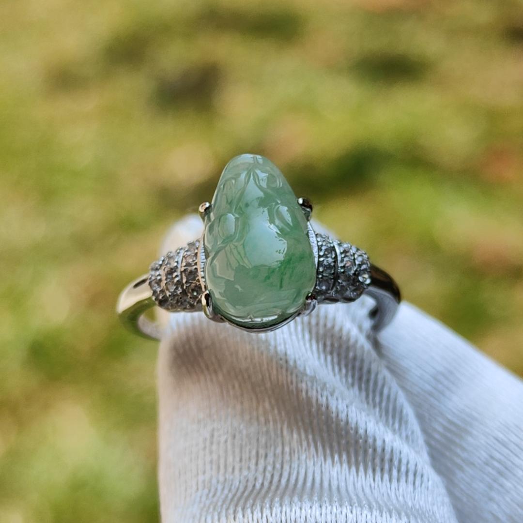 Icy Light Green with green patches Natural Type A Jadeite Jade crafted as Pixiu set on S925 adjustable as Ring with certificate weigh 2.68 grams, measurement 10.5 * 7.7 * 4.6 mm (s925ring7)