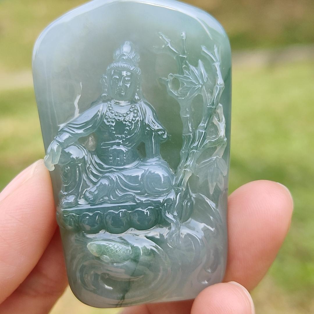 Premium Quality Semi Icy Light Green Natural Type A Jadeite Jade crafted with Guanyin as pendant, certificate included weigh 45.05 grams, measurement 56 * 35.6 * 11.8 mm (18kp24)