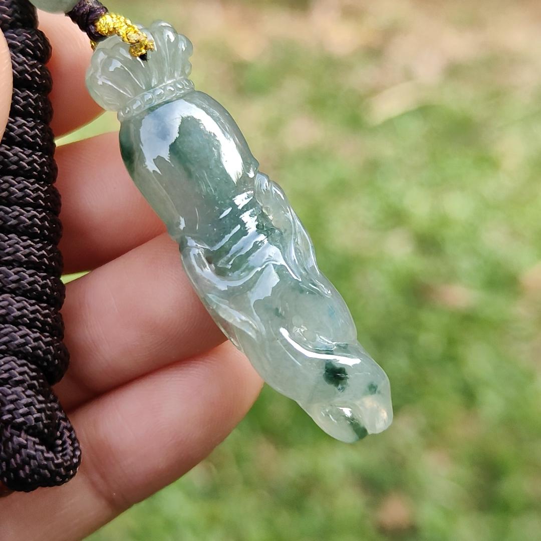 High Quality Light Green with Green Natural Type A Jadeite Jade crafted with shape of Ginseng as Pendant, certificate weighs 7.63 grams, measurement 48.2 * 12.7 * 7.1 mm (pendant277)