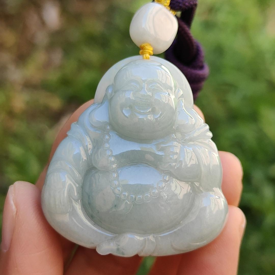 Light Green with green patches Natural Type A Jadeite Jade Pendant Necklace crafted as Laughing Buddha with certificate weigh 36.66 grams, 40.3 * 37.5 * 15 mm (pendant165)