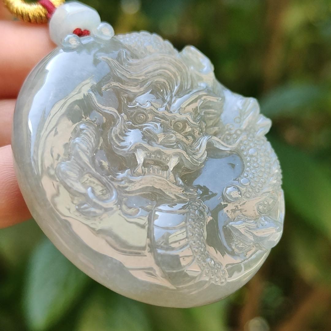 Light green with Brown fine quality Natural Type A Jadeite Pendant carved with dragon meaning wisdom, Auspiciousness, strength and independence with certificate weigh 41.21 grams, 46 * 40.60 * 10.80 mm, very suitable for daily wear (pendant91)