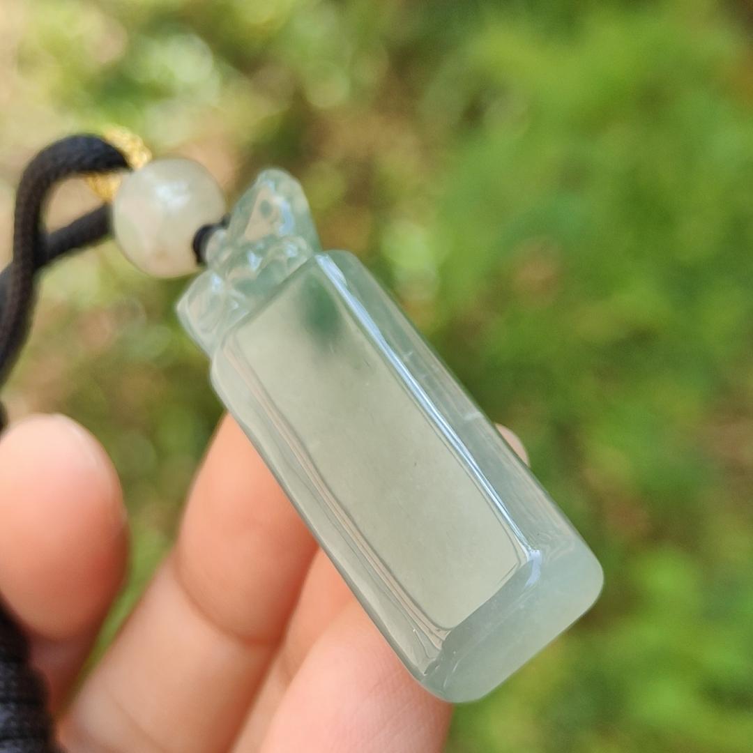 An Excellent Piece of Green Natural Type A Jadeite Pendant Necklace or Stamp crafted with Pixiu boosting Incoming Money and power with certificate weigh 13.16 grams, 41.2 * 13.6 * 8.7 mm , (pendant137)