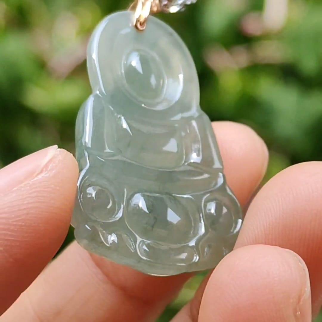 Light Green Good Translucent Natural Type A Jadeite Jade crafted with Guanyin 18k gold clasps as Pendant, certificate weighs 6.36 grams, measurement 32.2 * 21 * 5.8 mm (18kp49)