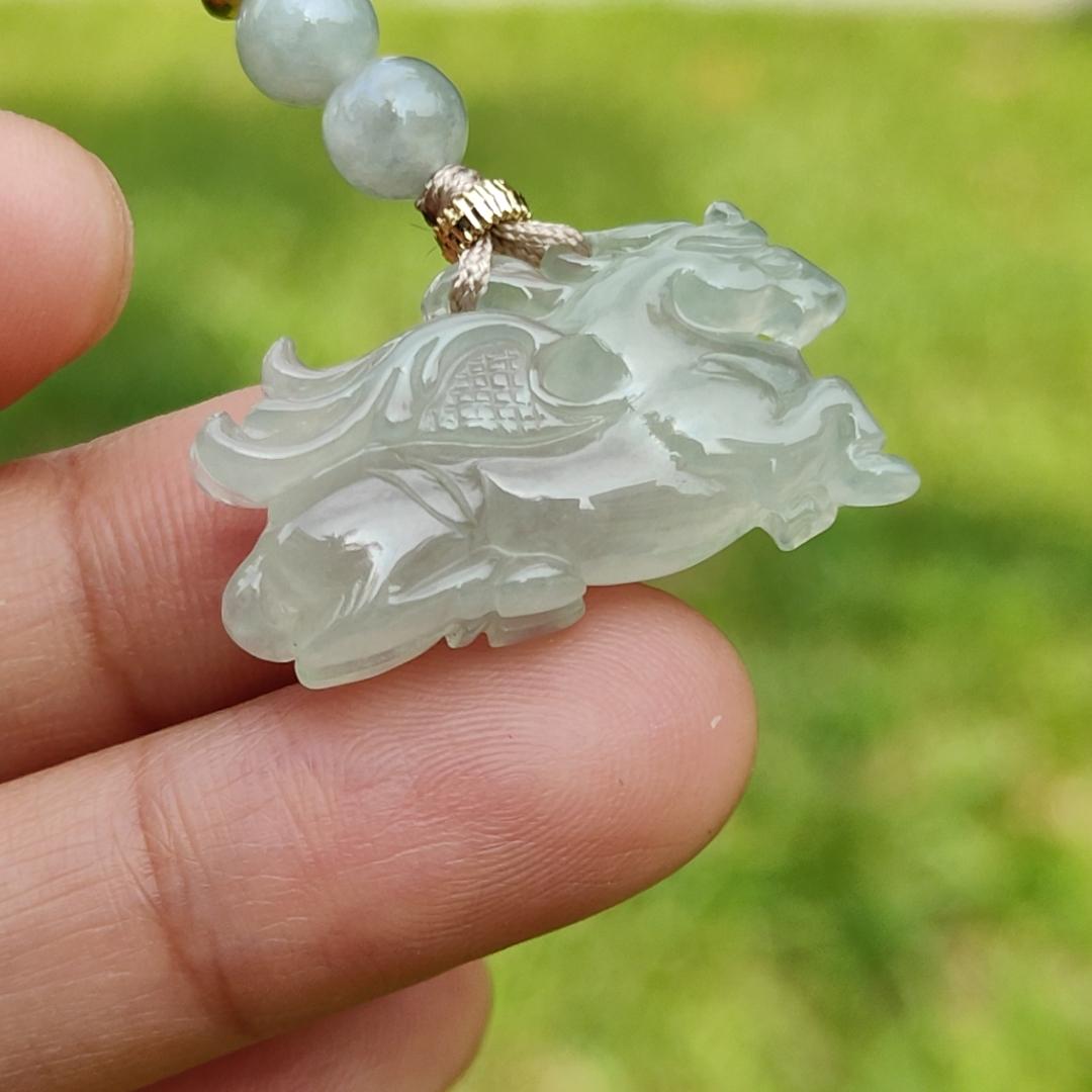 Icy with light green base Natural Type A Jadeite Pendant Necklace crafted as Flying Horse symbols of Good luck is coming soon, Longma spirit with GIC approved certificate weigh 4.55 grams, 15.6 * 28 * 6.3 mm (pendant65)