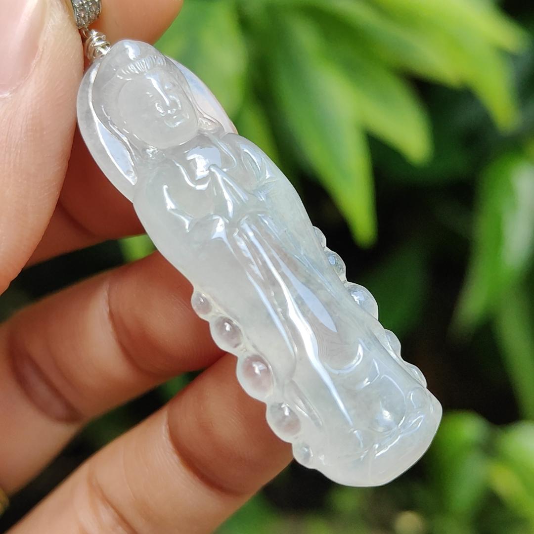 High Quality Icy Translucent Natural Type A Jadeite Jade crafted as Standing Guanyin, S925 clasp added as Pendant, certificate weighs 7.79 grams, measurement 45.7 * 14.8 * 6.3 mm (pendant269)