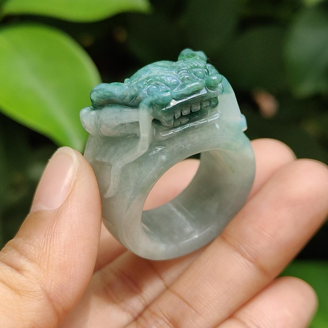 #Sold - Green with Green Hue Natural Type A Jadeite Jade crafted as Ring with Dragon, finger ring size 20.9 mm, certificate weighs 25.31 grams(ring9)