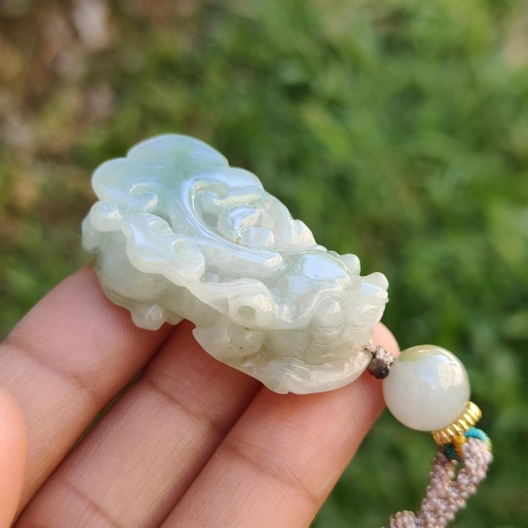 Crafted as Pixiu Light Green Natural Type A Jadeite Jade Pendant Necklace with certificate weigh 18.41 grams, measurement 38.3 * 21.6 * 11 mm (pendant178)