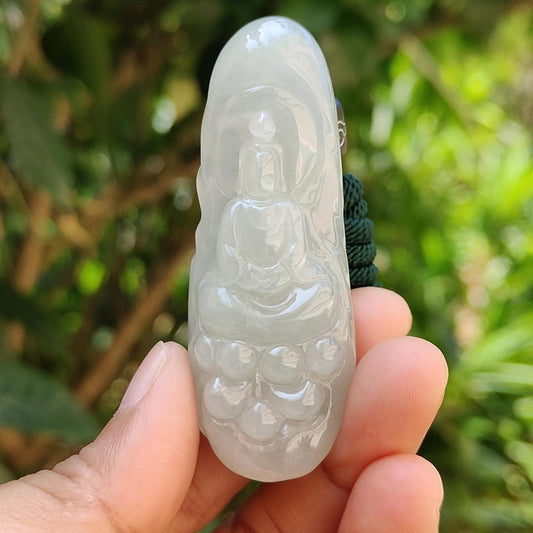 High Quality Light Green Hue Natural Type A Jadeite Jade crafted with Faceless Guanyin as Pendant, Certificate weighs 33.26 grams, measurement 63.8 * 23.6 * 12.2 mm (pendant237)