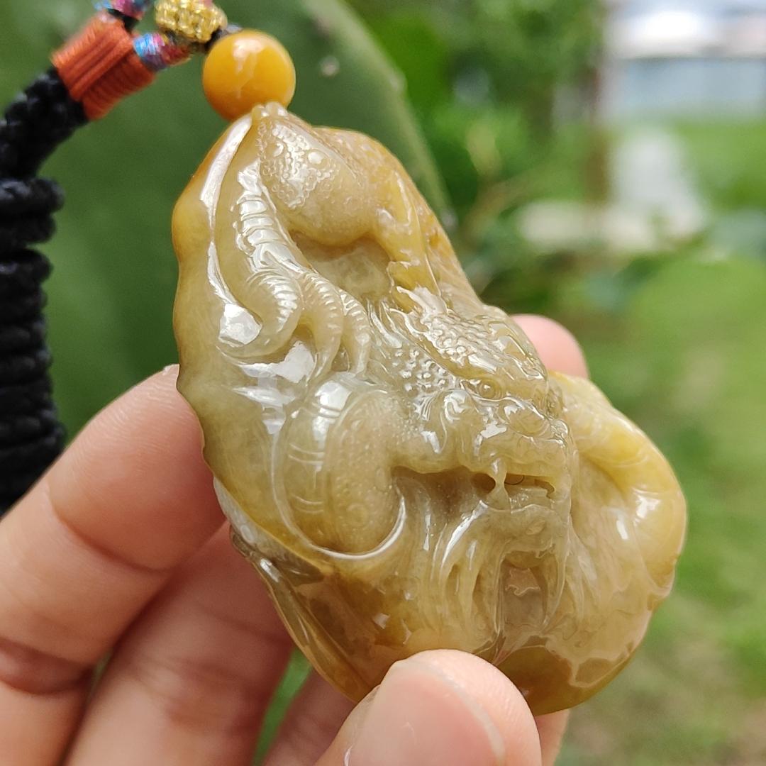 Rare Premium Quality Yellow with Redish and White Natural Type A Jadeite Jade crafted with Dragon as Pendant, for the collectors version, Certificate weigh 75.98 grams, measurement 56 * 42.20 * 23.30 mm (pendant215)