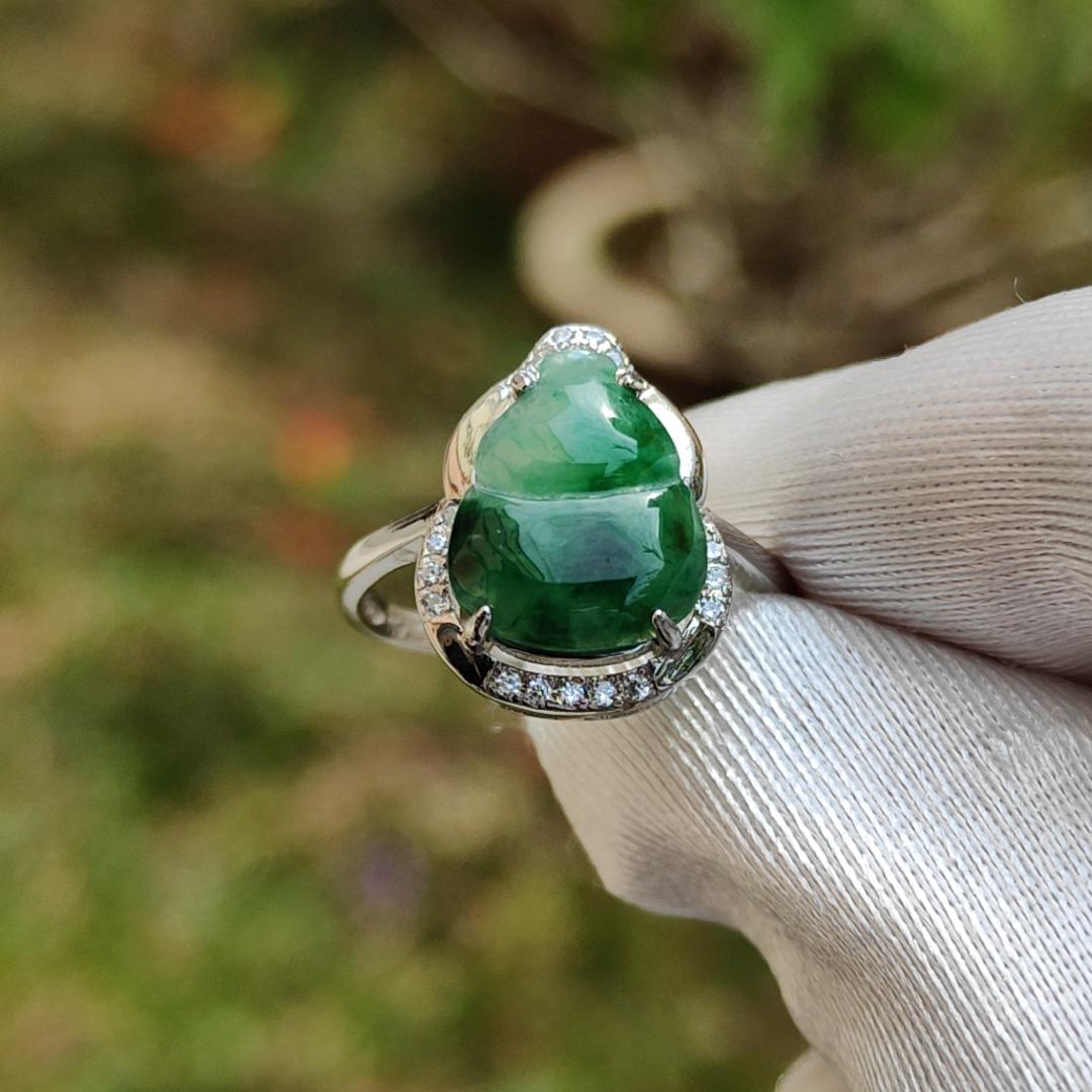 Special Sales - Quality Semi Icy Spicy Green Natural Type A Jadeite Jade crafted as Gourd set on S925 Silver with Zircon, Finger size adjustable, certificate weigh 2.59 grams, 12 * 9.9 * 2.5 mm (s925ring6)