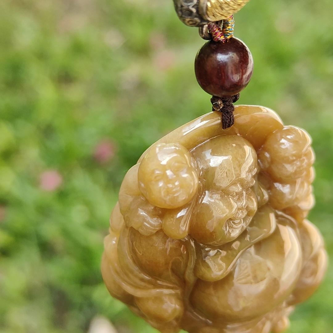 Rare Full Brown Natural Type A Jadeite Pendant crafted as Milo with two kids means Happiness for the family and Longevity, wealth and health, with certificate weighs at 61.27 grams, 48.50 * 41 * 21.60 mm (pendant110)