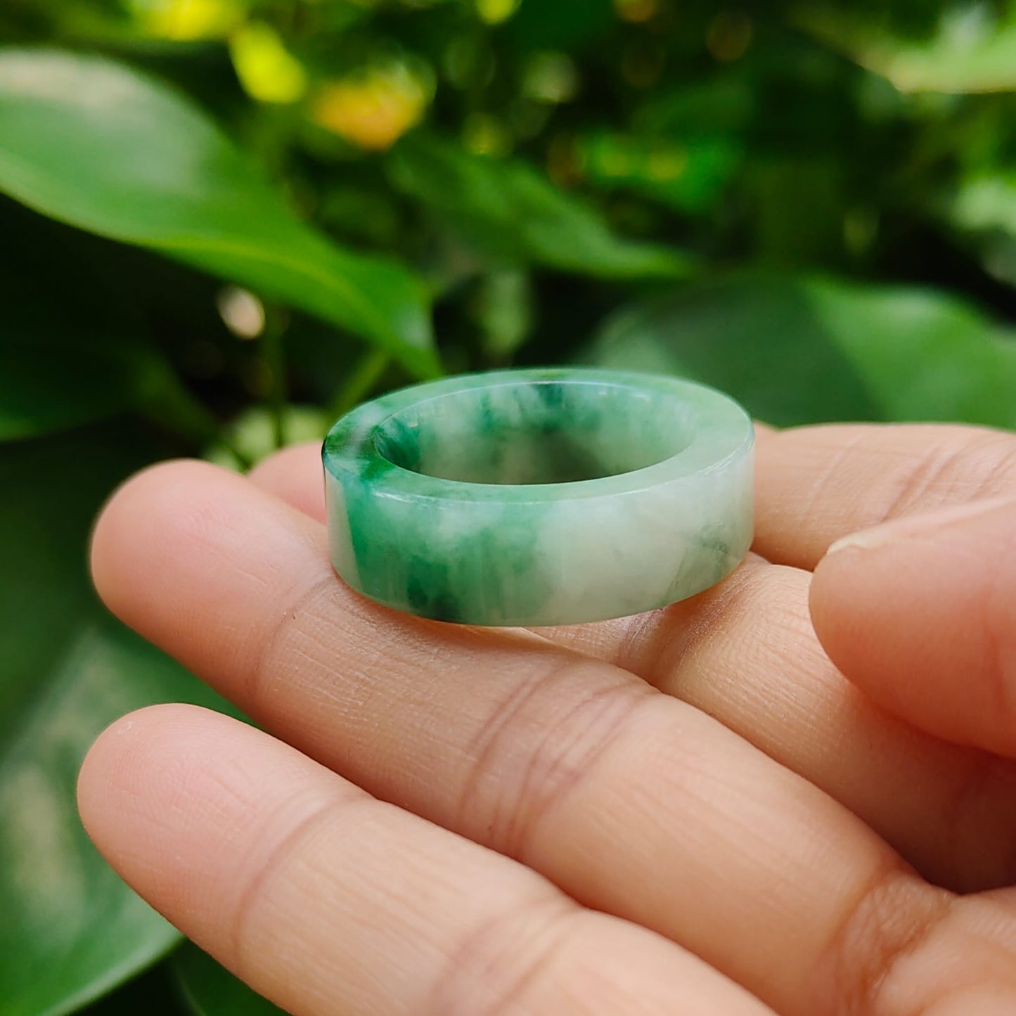 High Quality Green,Green Patches Natural Type A Jadeite Jade crafted as Ring, finger size 19.1mm, QIC approved labs certificate weighs 7.68 grams, measurement 7.7 * 4.4 mm (ring8)