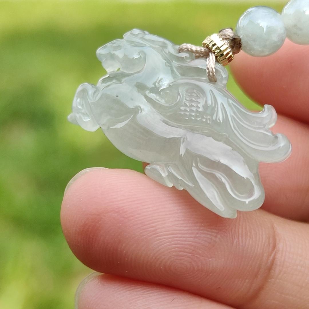 Icy with light green base Natural Type A Jadeite Pendant Necklace crafted as Flying Horse symbols of Good luck is coming soon, Longma spirit with GIC approved certificate weigh 4.55 grams, 15.6 * 28 * 6.3 mm (pendant65)