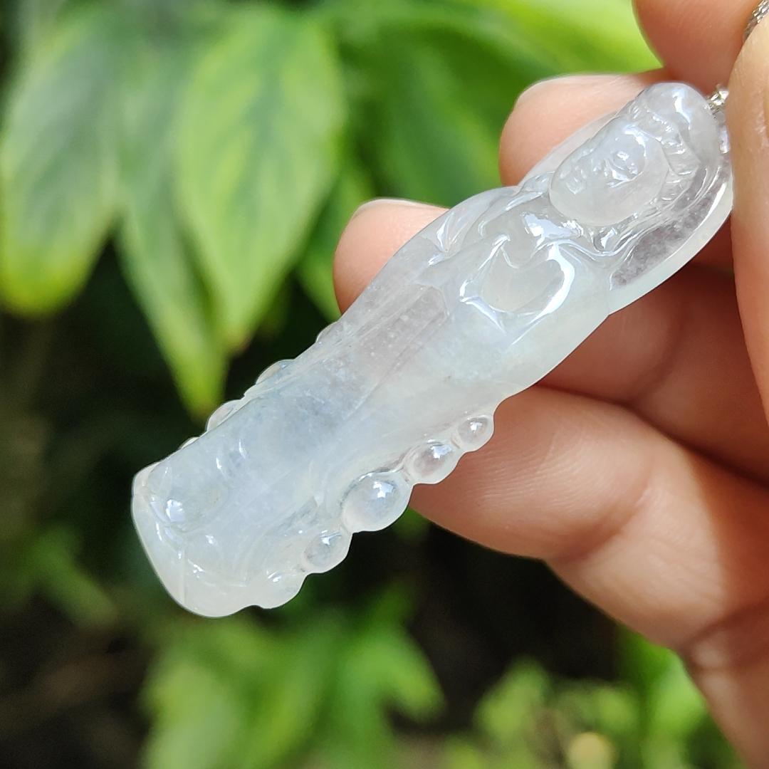 High Quality Icy Translucent Natural Type A Jadeite Jade crafted as Standing Guanyin, S925 clasp added as Pendant, certificate weighs 7.79 grams, measurement 45.7 * 14.8 * 6.3 mm (pendant269)