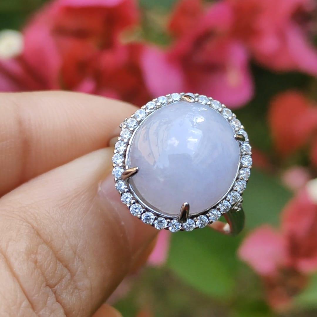 Lavender Cabochon set on S925 Silver adjustable ring Natural Type A Jadeite with QIC Labs approved certificate included weigh 3.99 grams, 13.8 * 12.3 * 5.7 mm suitable for all occasions (s925ring1)