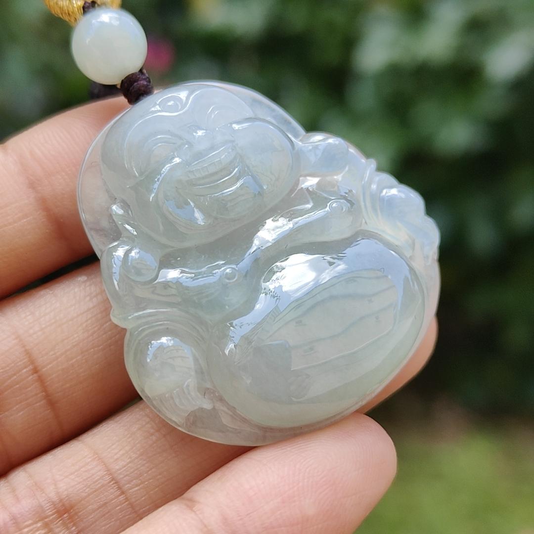 Premium Quality with good density and light green bluish hue Natural Type A Jadeite Pendant Necklace crafted with Laughing Buddha, certificate included weigh 17.14 grams, 36.7 * 34.2 * 8.7 mm, a good collection or for your daily wear (pendant32)