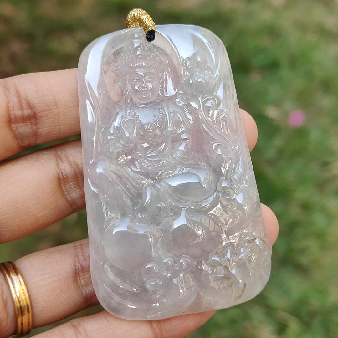 High Quality Icy Translucent Natural Type A Jadeite Jade crafted as Bodhisattva Pendant, certificate weighs 29.9 grams, measurement 64.5 * 40.3 * 5.5 mm (pendant286)