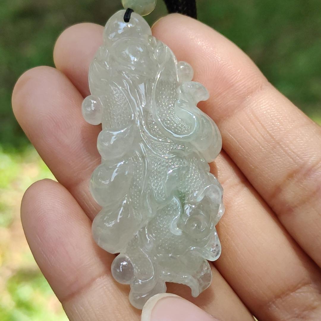 High-Quality Icy Translucent with Light Green Natural Type A Jadeite Jade crafted as Cabbage, Pendant certificate weighs 24.55 grams, measurement 56.3 * 24.6 * 12.6 (pendant272)