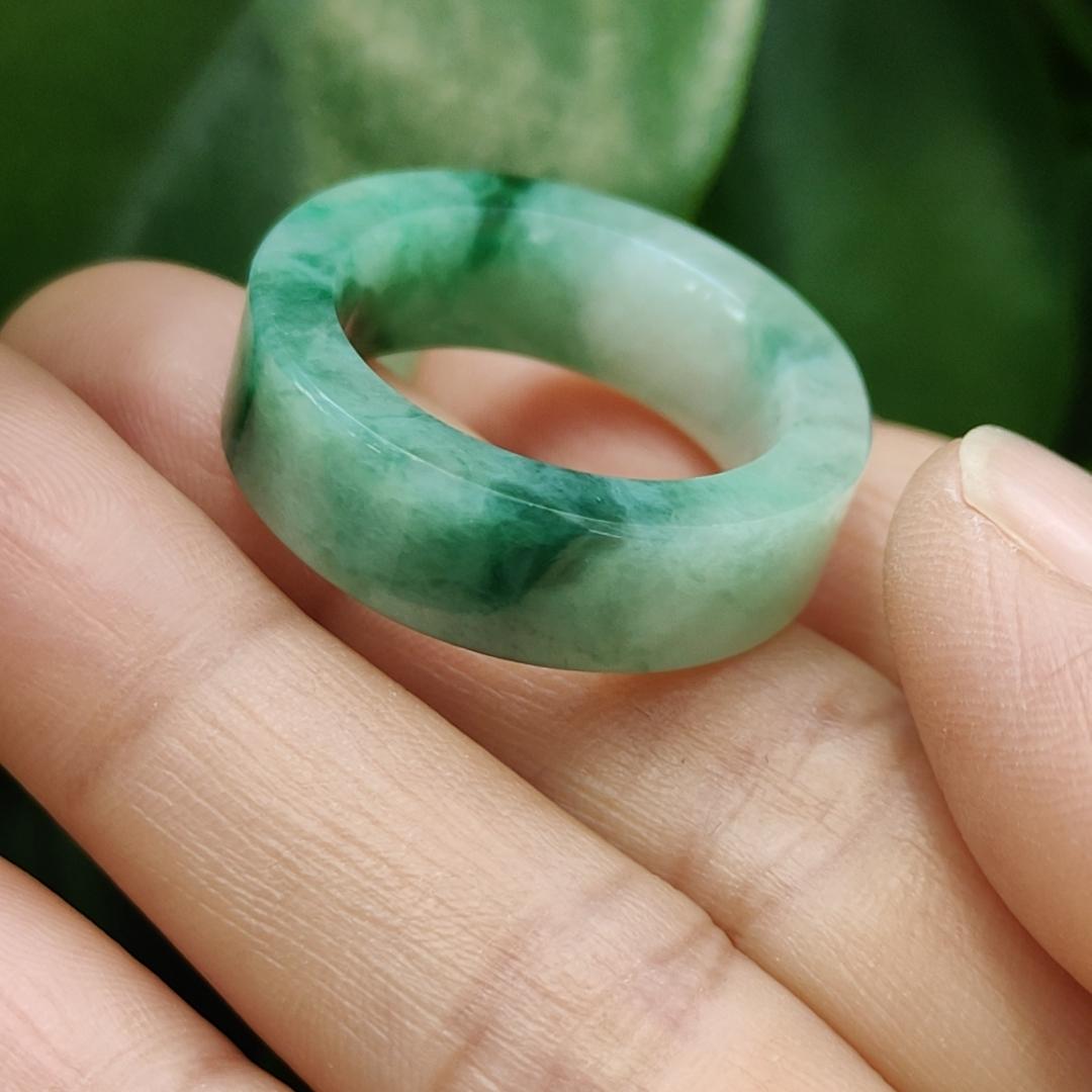 High Quality Green,Green Patches Natural Type A Jadeite Jade crafted as Ring, finger size 19.1mm, QIC approved labs certificate weighs 7.68 grams, measurement 7.7 * 4.4 mm (ring8)