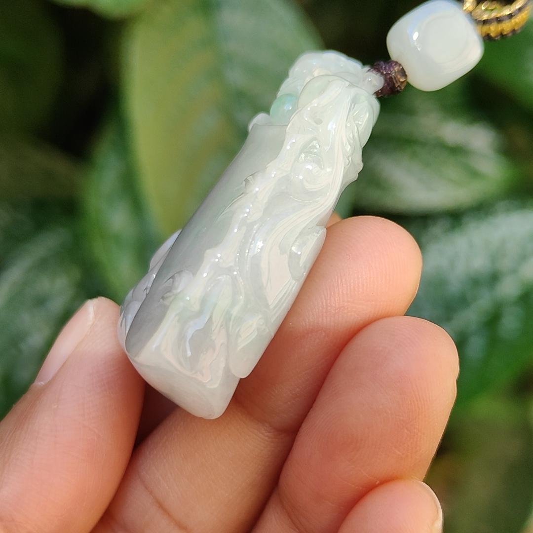 Crafted as Bamboo with Pixiu on it, Light Green patches Natural Type A Jadeite Jade Pendant Necklace with certificate weigh 24.54 grams, measurement 41.3 * 24.6 * 11.7 mm (pendant177)