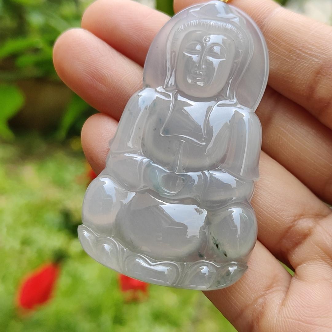 Premium High Quality Natural Type A Jadeite Jade crafted as seating Guanyin set with 18k gold clasp as Pendant, Certificate weighs 21.43 grams, measurement 59.1 * 35.6 * 6.1 mm (18kp54)