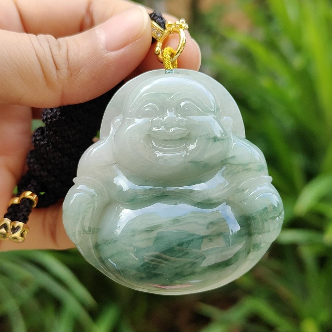 Rare, Hugh, Old Mine Translucent Floating bluish green patches Natural Type A Jadeite Pendant carved as Milo Buddha weight 232.82 grams, 52.83 * 51.18 * 12.18 mm, fine grain crystal aggregate suitable for daily wear with NGI Certificate (pendant143)