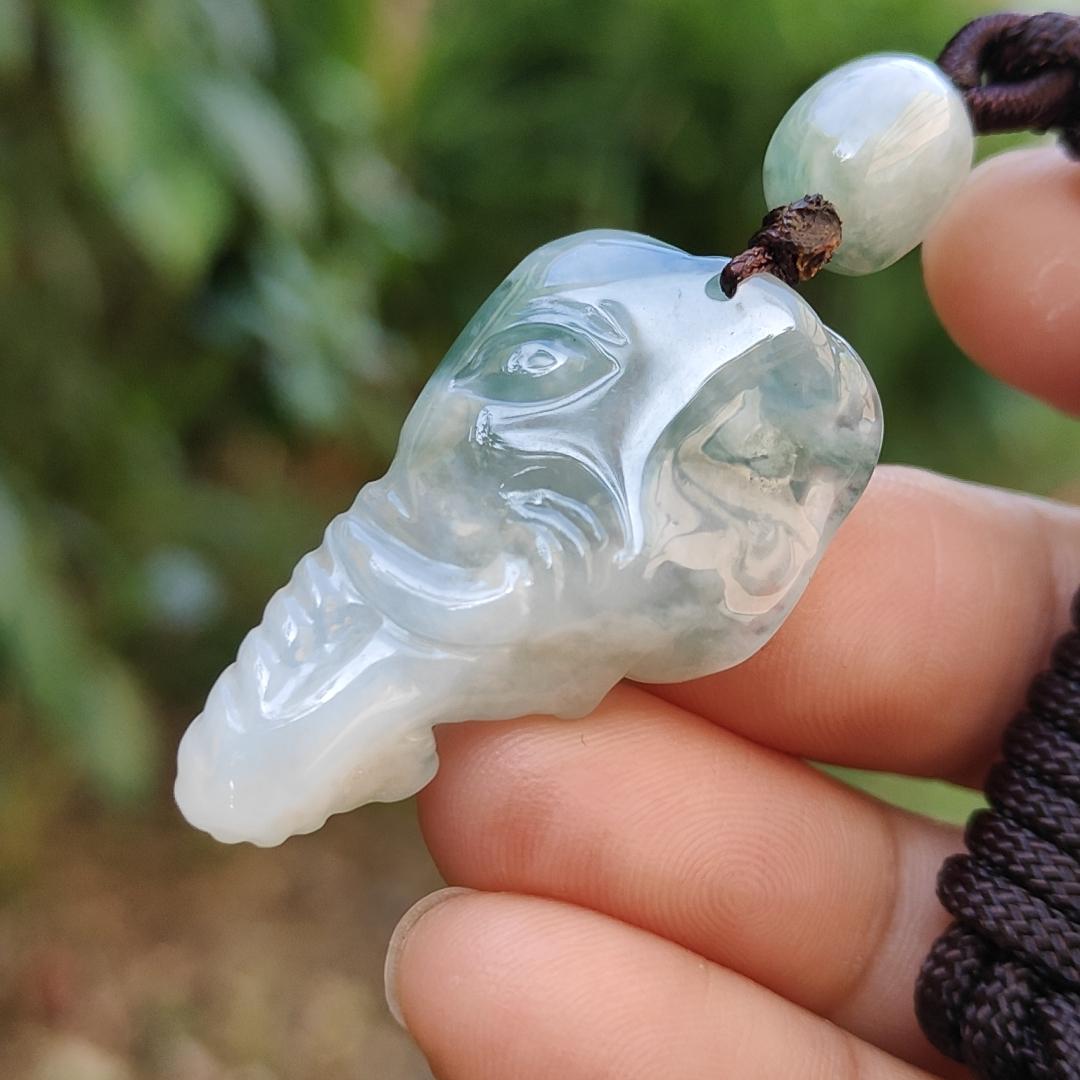 Very Rare Semi Icy Light Green Patches Natural Type A Jadeite Jade crafted with Elephant as Pendant, certificate weighs 8.63 grams, measurement 33 * 19.1 * 8.8 mm (pendant244)