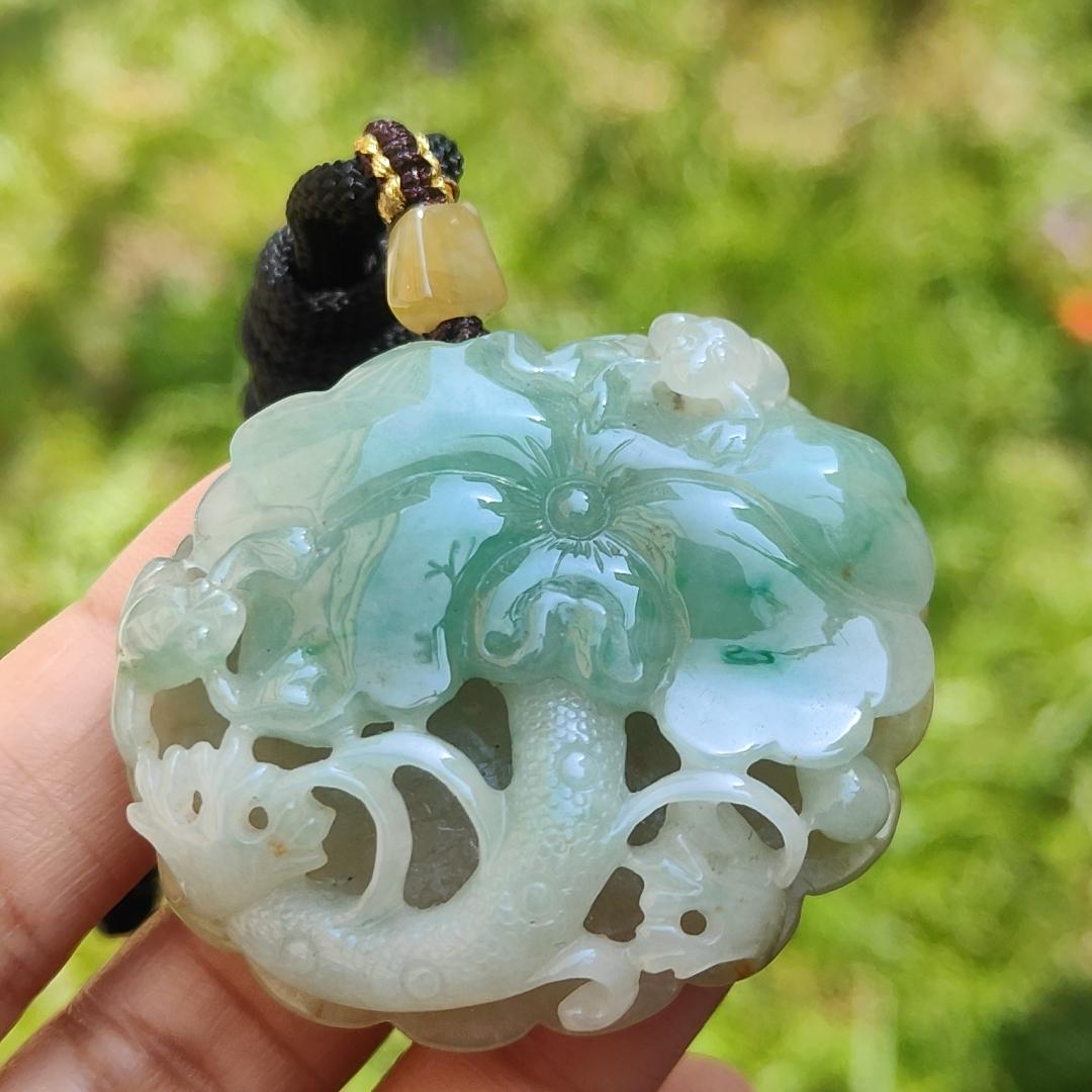 Rare Quality Yellow and Green Natural Type A Jadeite Jade beautifully crafted with frog and lotus old school hollow style, certificate weigh 27.08 grams, measurement 41.6 * 48 * 11 mm (pendant209)