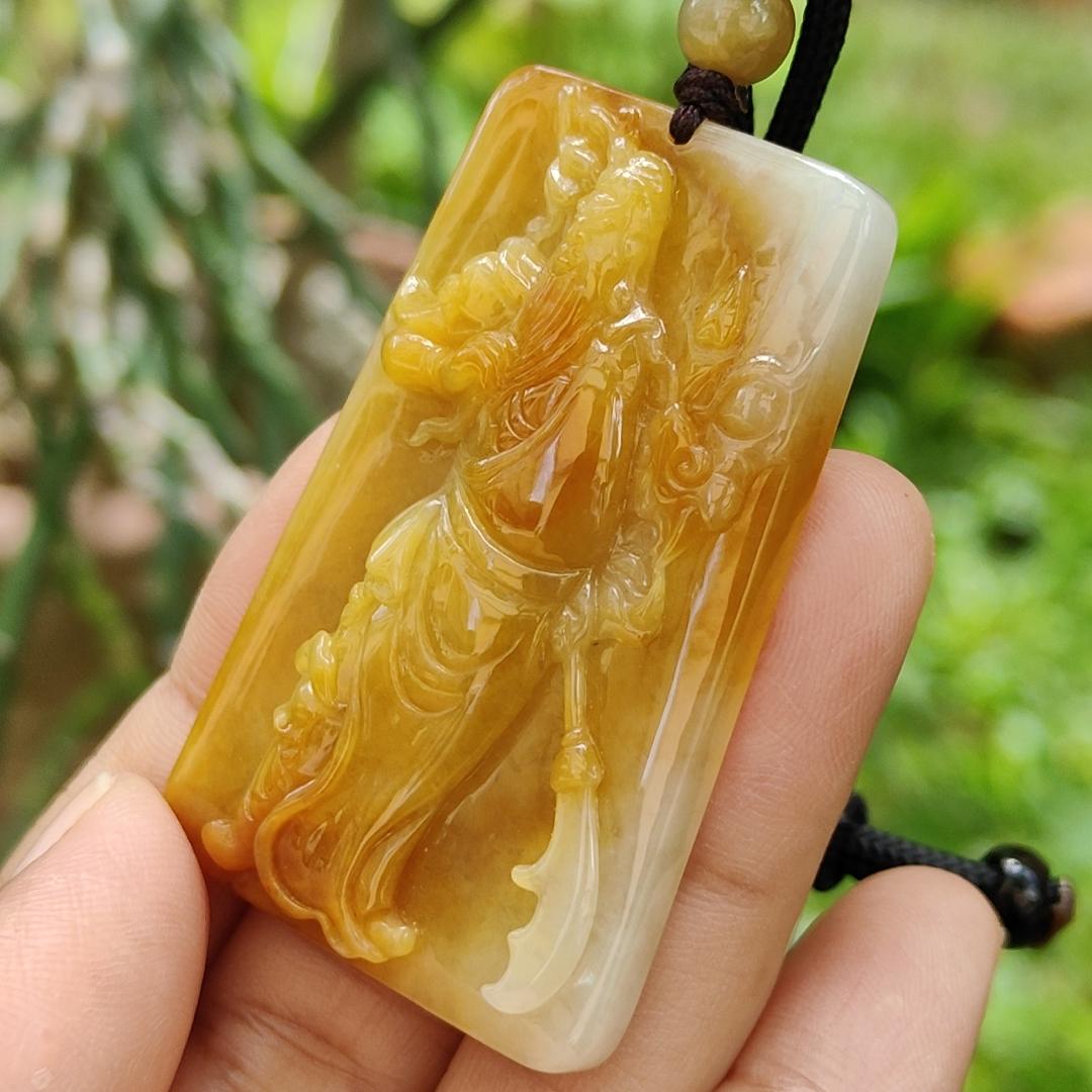 Rare Old Yellow with Red Natural Type A Jadeite Pendant Crafted with Guan Gong come with ceritificate weight 24.70 grams, 49.7 * 32 * 8 mm for Guan Gong collectors (pendant118)