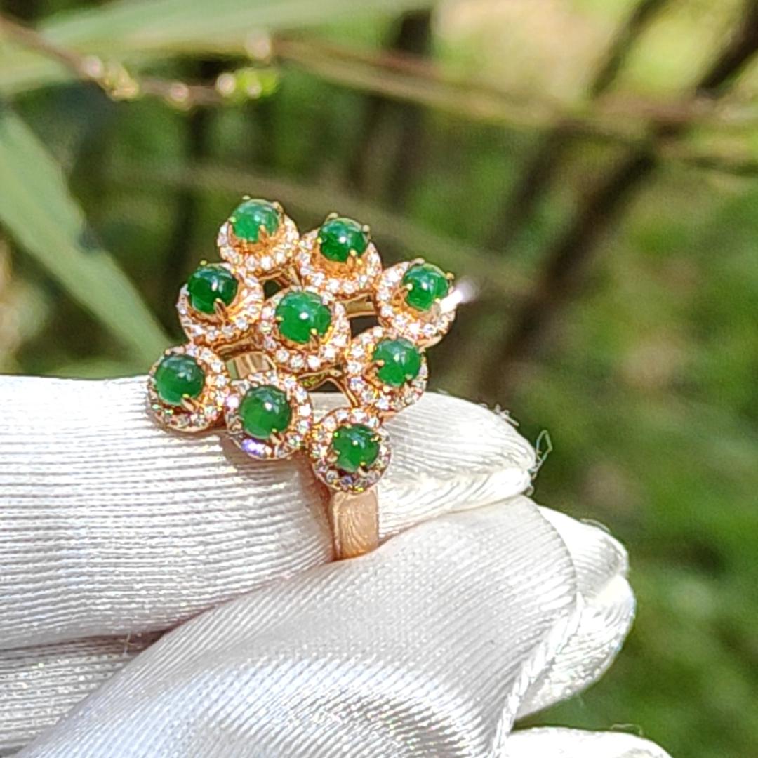 Mid Year Special Offer, Stunning 18k Gold setting with 9 green cabochons and diamonds Natural Type A Jadeites Ring with certificate weigh 3.92 grams, finger size 17.7 mm (18kring2)