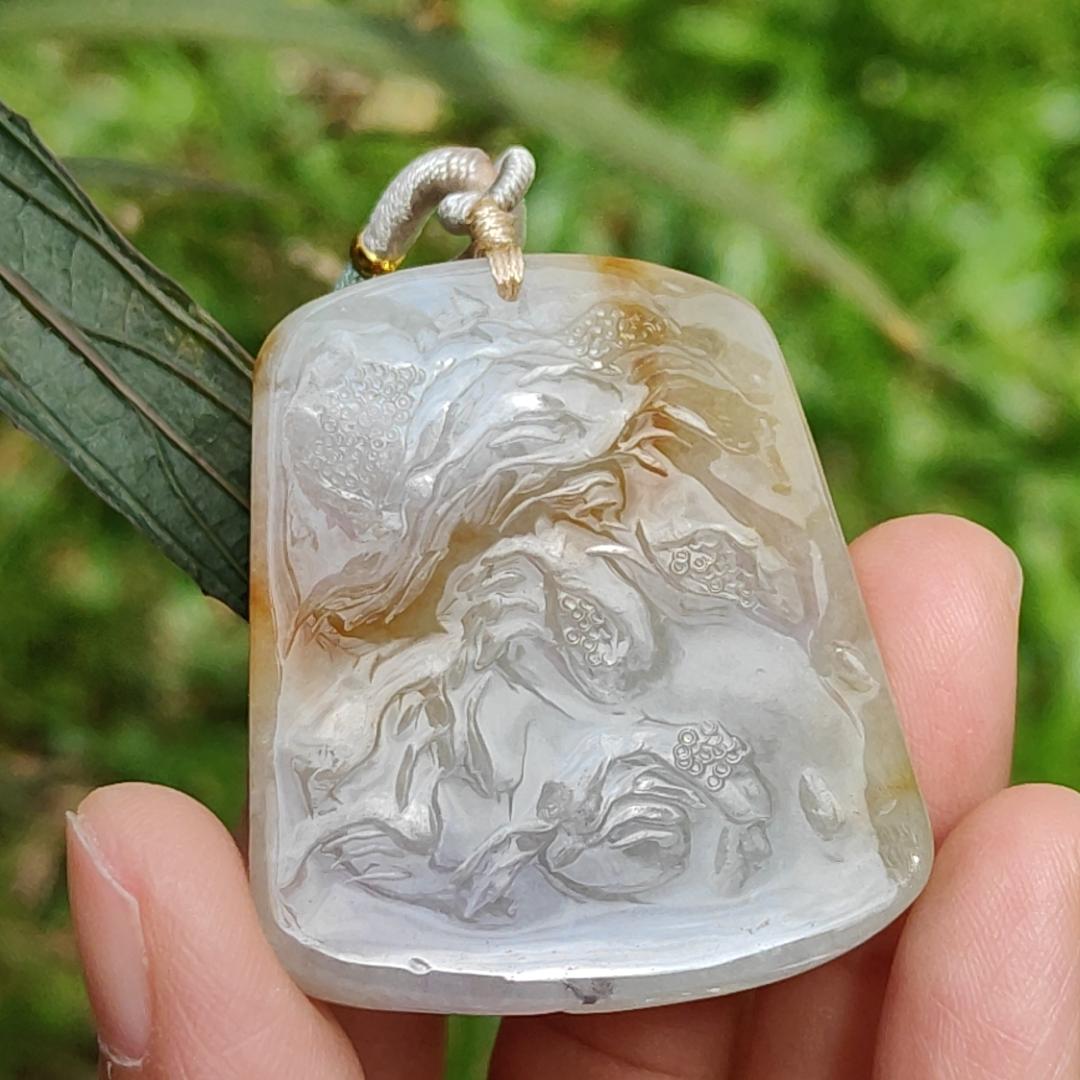 Yellow and White Semi Icy Natural Type A Jadeite Pendant Necklace crafted with nine tail fox symbols of Love, Charisma, and Good Luck, GIC Labs approved certificate included weigh 32.9 grams, 44 * 36 * 9 mm, suitable for daily wear