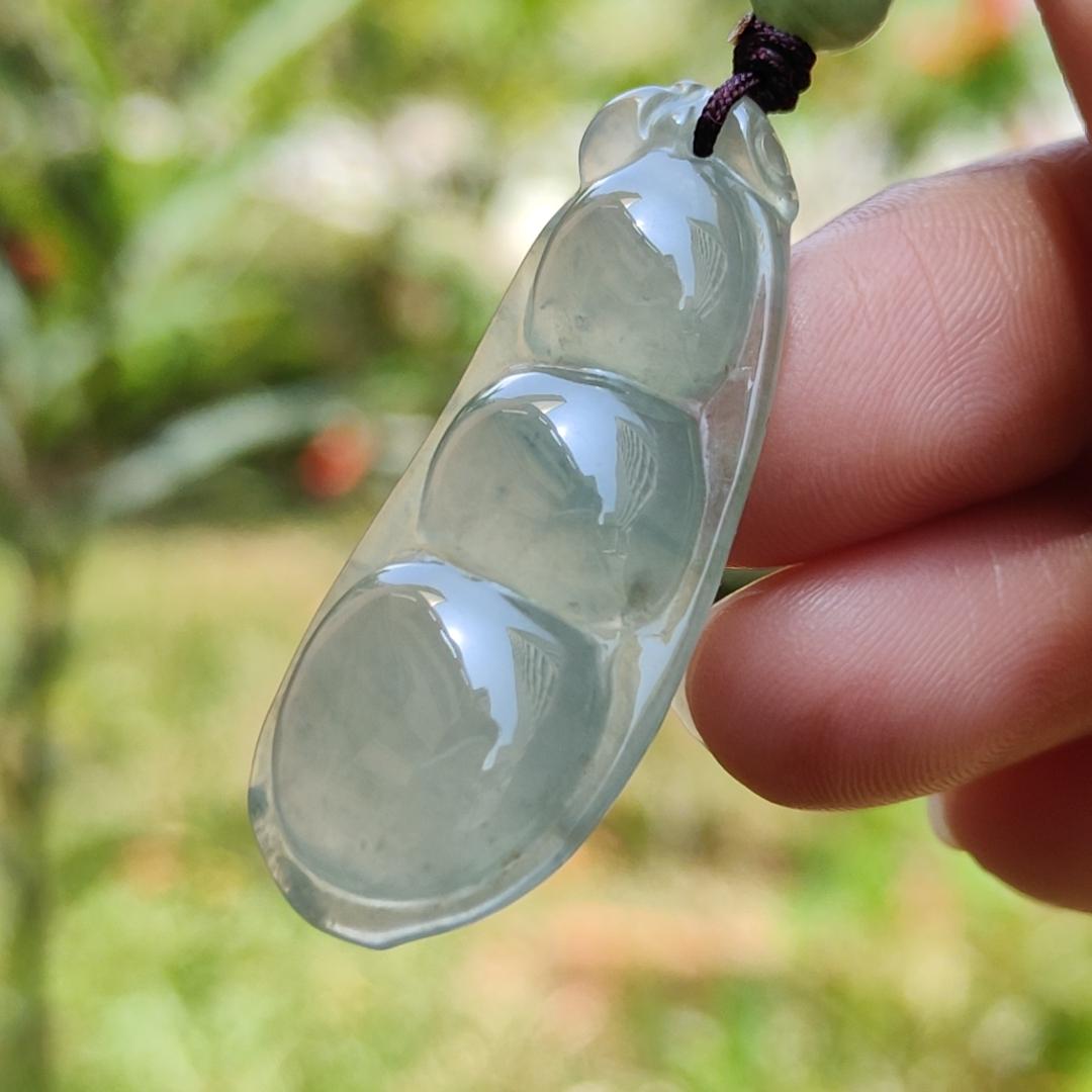 Premium Icy Translucent Green Hue Natural Type A Jadeite Jade crafted with French Beans as Pendant, symbols of Beauty, harmony, harvest and happiness, certificate weigh 7.44 grams, measurement 41.3 * 16.2 * 6.9 mm (pendant219)