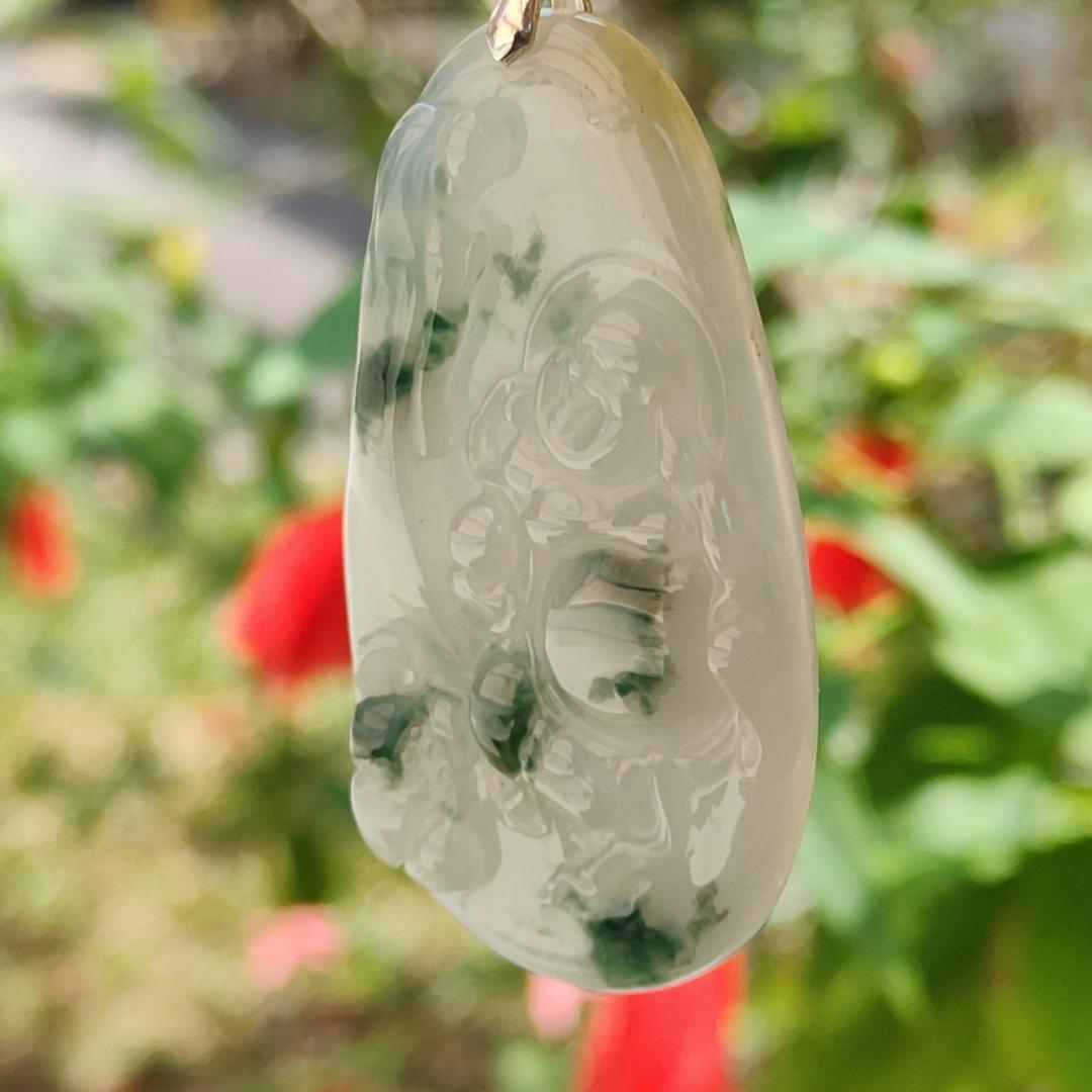 Special Sales - Rare Green Patches White with Yellow Hue Natural Type A Jadeite Jade crafter with Milo Buddha as Pendant, certificate weigh 17.2 grams, measurement 54.2 * 30.5 * 5.9 mm (pendant214)