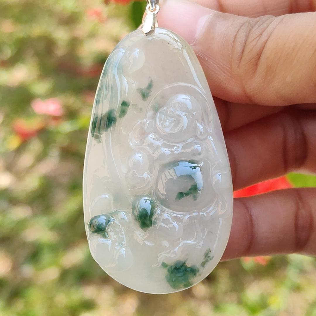 Special Sales - Rare Green Patches White with Yellow Hue Natural Type A Jadeite Jade crafter with Milo Buddha as Pendant, certificate weigh 17.2 grams, measurement 54.2 * 30.5 * 5.9 mm (pendant214)