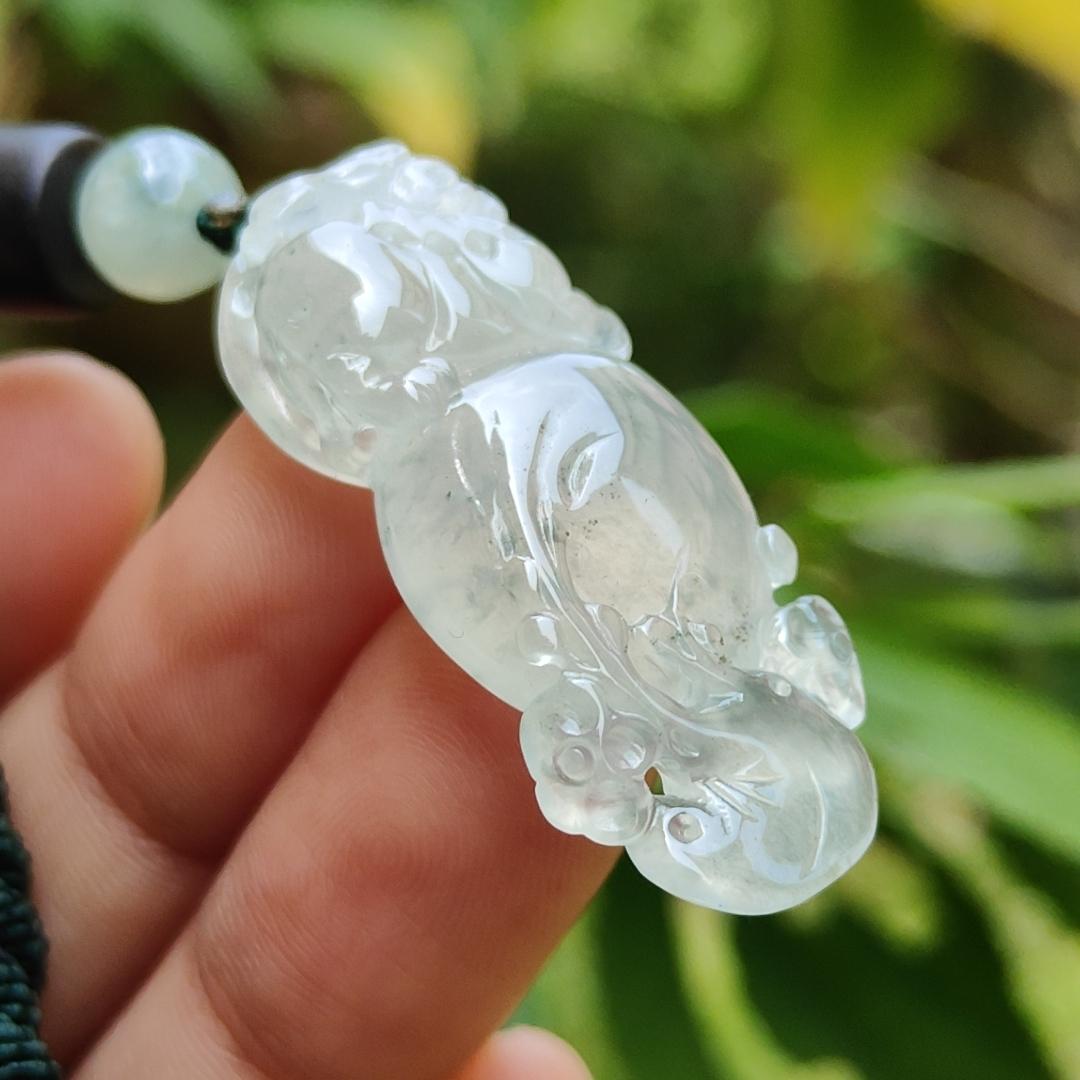 High Quality Icy Translucent Natural Type A Jadeite Jade crafted with Pixiu as Pendant, certificate weighs 6.86 grams, measurement 36.5 * 14.5 * 7.6 mm (pendant261)