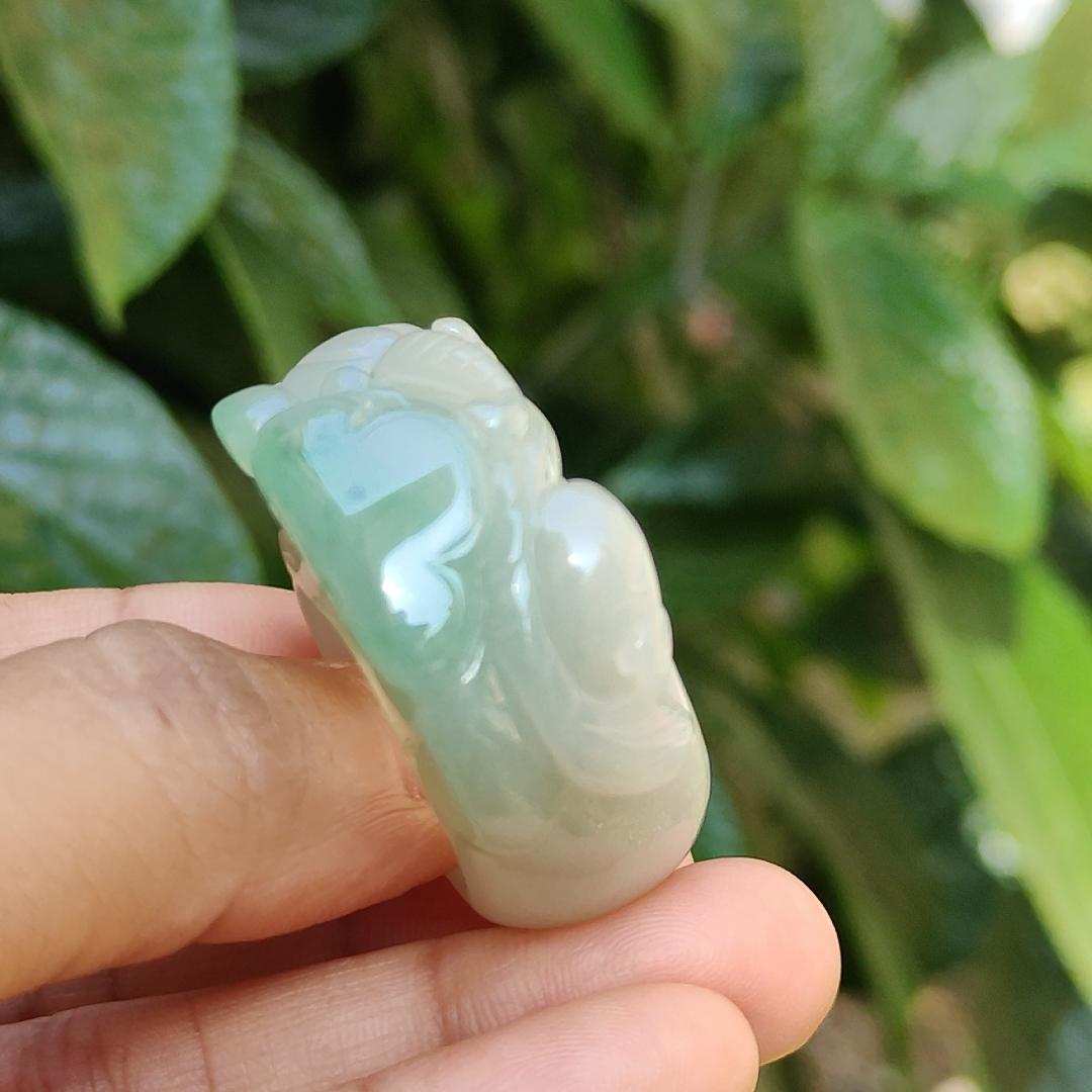 Rare Quality Light Green with White Natural Type A Jadeite Jade crafted with Pixiu and Ruyi as Ring, certificate weigh 31.97 grams, measurement 36.2 * 16 * 13, Finger size 19.5 mm (ring5)