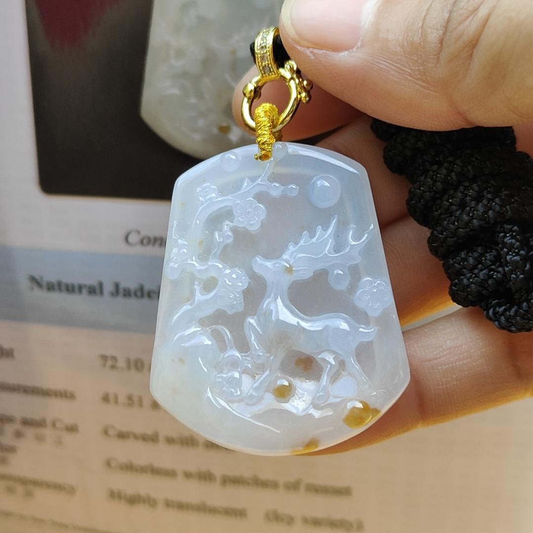 Natural Type A Jadeite carved with deer , Icy Highly Translucent with russet patches , NGI Certification with weight at 72.1 grams , [41.51 * 33.32 * 6.08 mm] - Premium Myanmar Jadeite Pendant (pendant144)