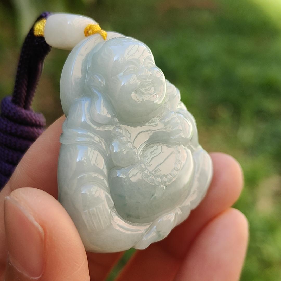 Light Green with green patches Natural Type A Jadeite Jade Pendant Necklace crafted as Laughing Buddha with certificate weigh 36.66 grams, 40.3 * 37.5 * 15 mm (pendant165)