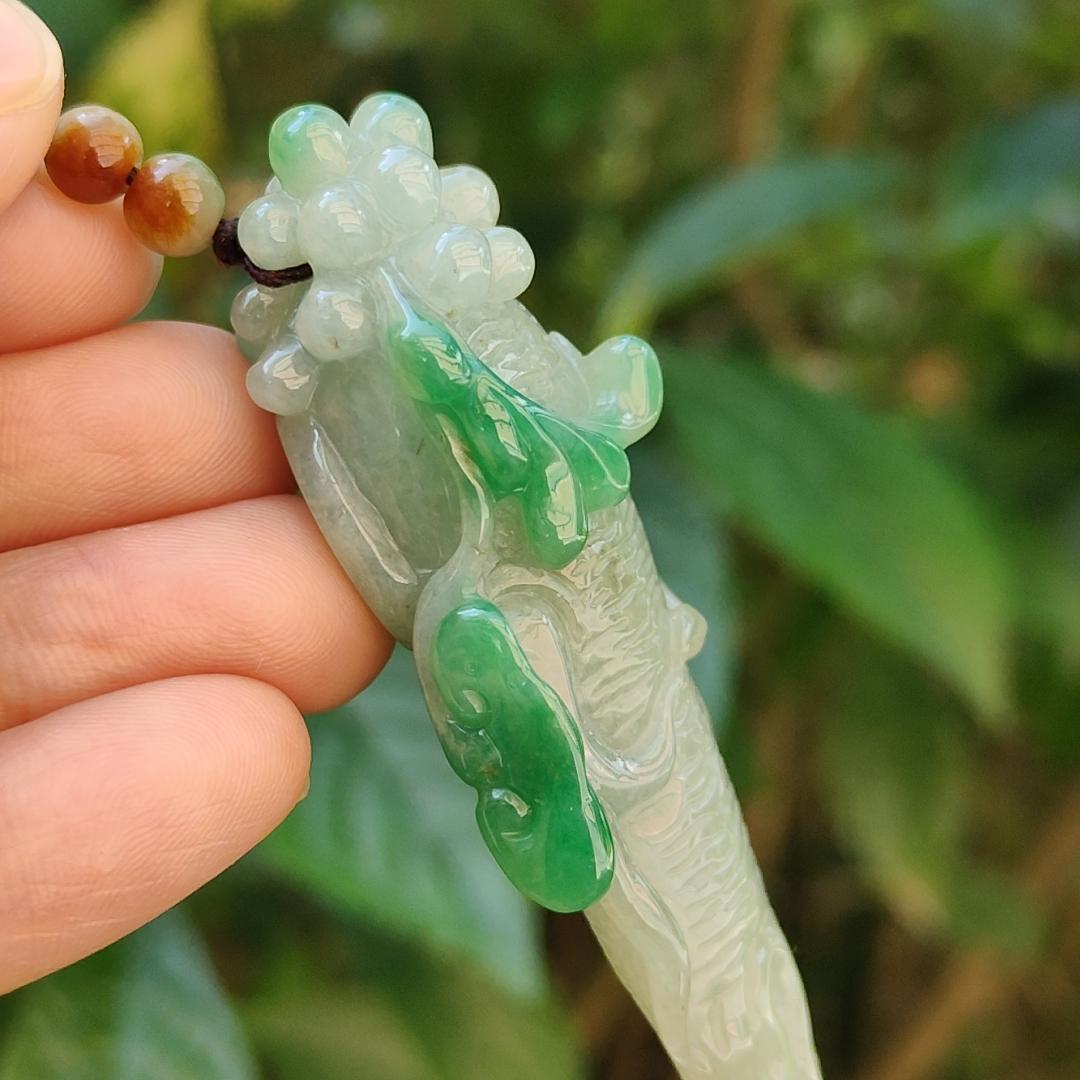 With Green and Light Green Ginseng Ruyi Natural Type A Jadeite pendant come with certificate weight 40.59 grams, 72.30 * 24.80 * 20 mm meaning Auspicious, representing good luck, happiness, joy, and wealth boosting you wearing it (pendant97)