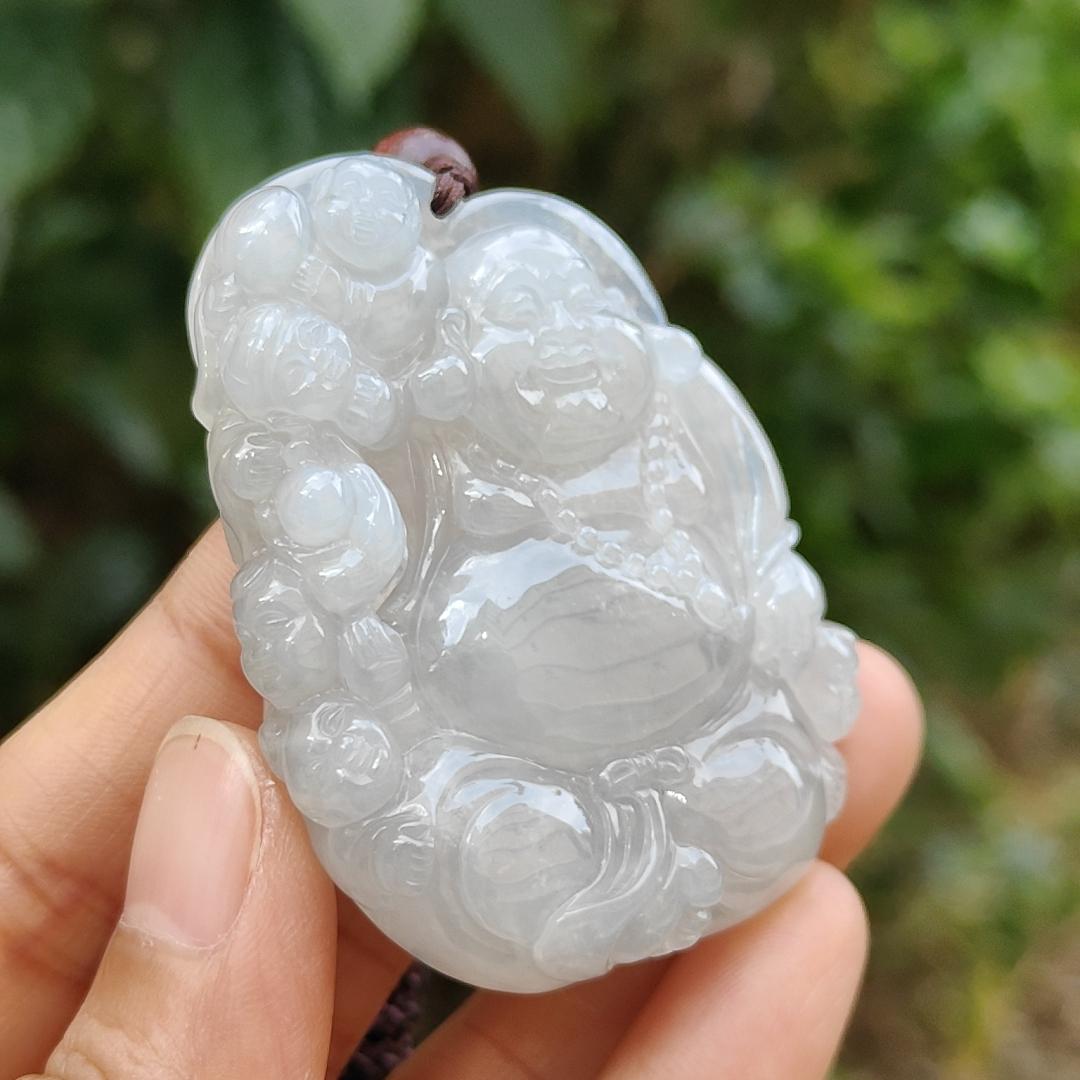 Semi Icy Translucent Natural Type A Jadeite Pendant Necklace Crafted with Milo Buddha with symbols of Be tolerant, smile often, be tolerant and happy, certificate included weigh 45 grams, 54 * 40.5 * 12.3 mm, suitable for daily wear,collection (pendant46)