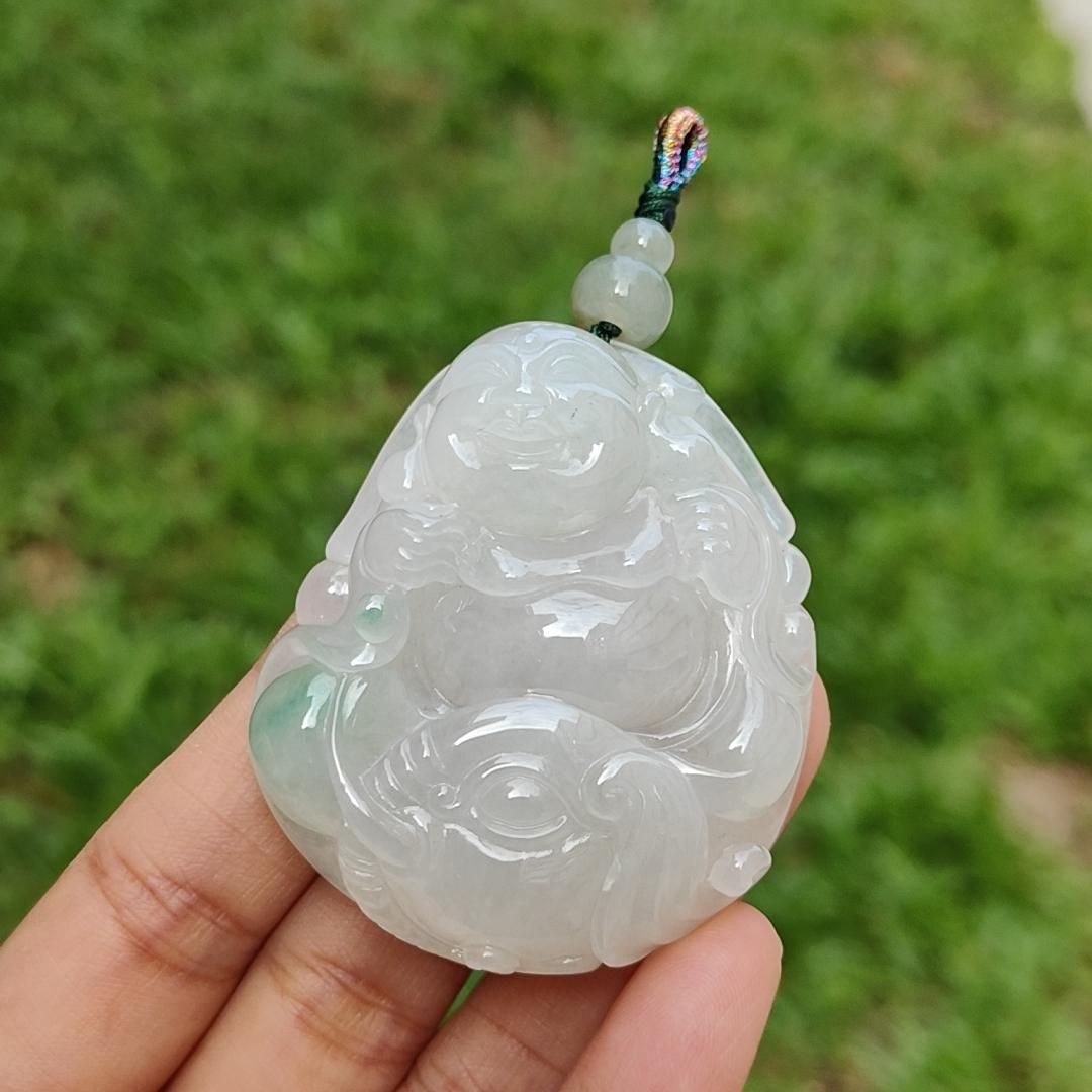 Crafted with Budai Laughing Buddha, Elephant and Ruyi Premium Semi Icy Natural Type A Jadeite with green patches Pendant Necklace with certificate weigh 45.38 grams, 50.5 * 44 * 12.3 mm (pendant160)