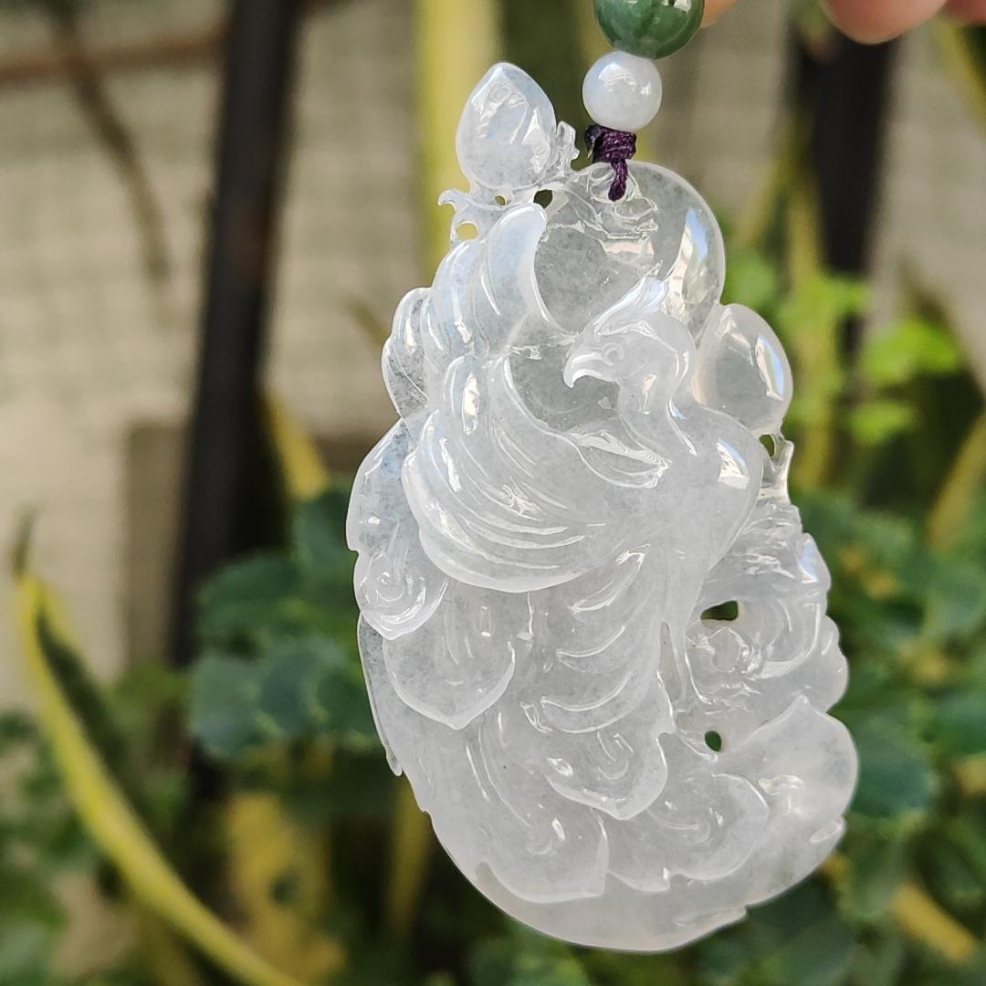 Pheonix Type A Natural Jadeite Pendant Jewelry with NGI Gemstone report weight 113.71 gram , 60.73 * 32.19 * 9.27 mm - Very High Translucent Icy Variety with very fine grain (pendant159)