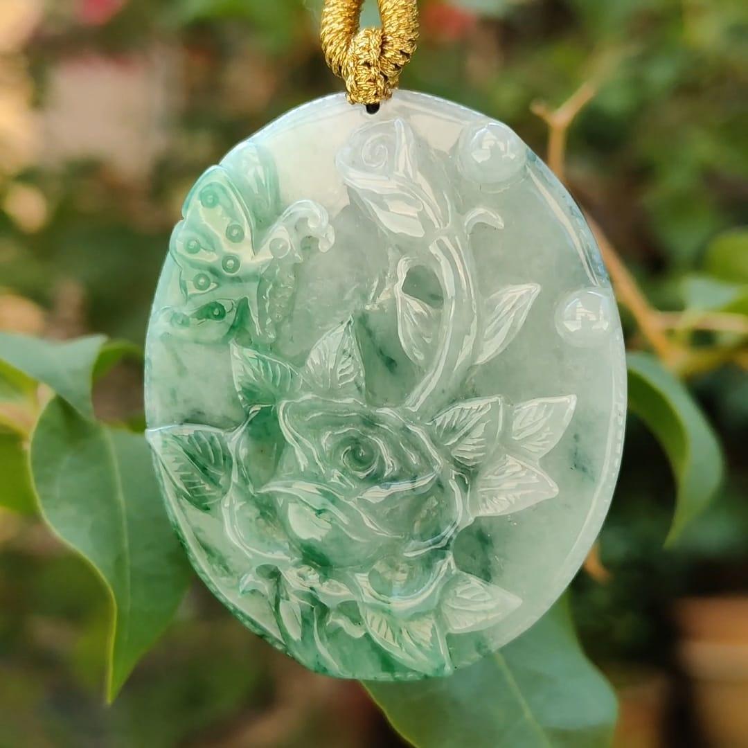 Green with green patches Natural Type A Jadeite Pendant carved with Butterfly and flowers represents Sweet Love with happy marriage, wealthy with flowers blooming and mutual love, certificate weigh 26.02 g, 49.3 * 40.6 * 6.8 mm (pendant84)