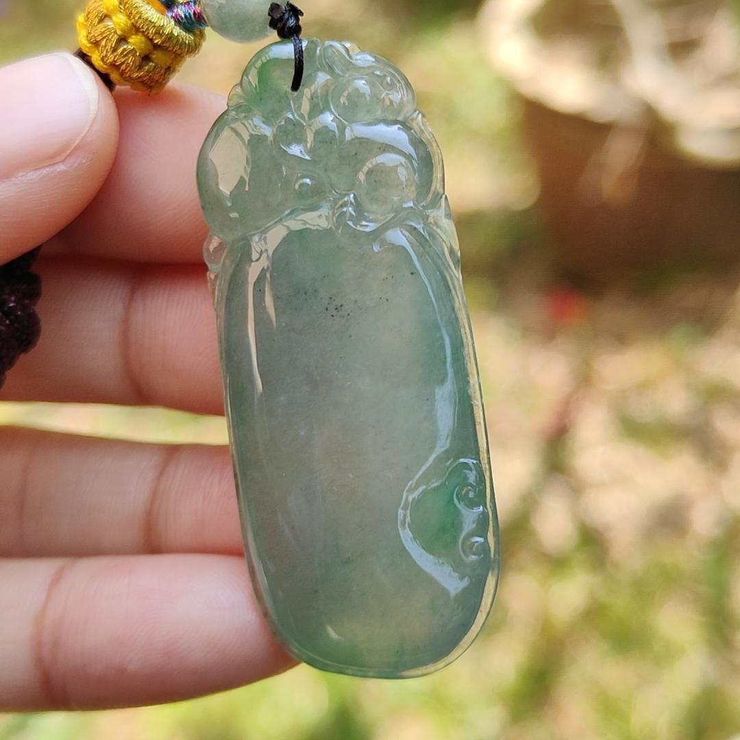 Premium Quality Icy Translucent Green with Green Patches Natural Type A Jadeite Jade crafted with Squirrel and Ruyi as Pendant, certificate weigh 17.83 grams, measurement 49.3 * 21 * 9.3 mm (pendant225)