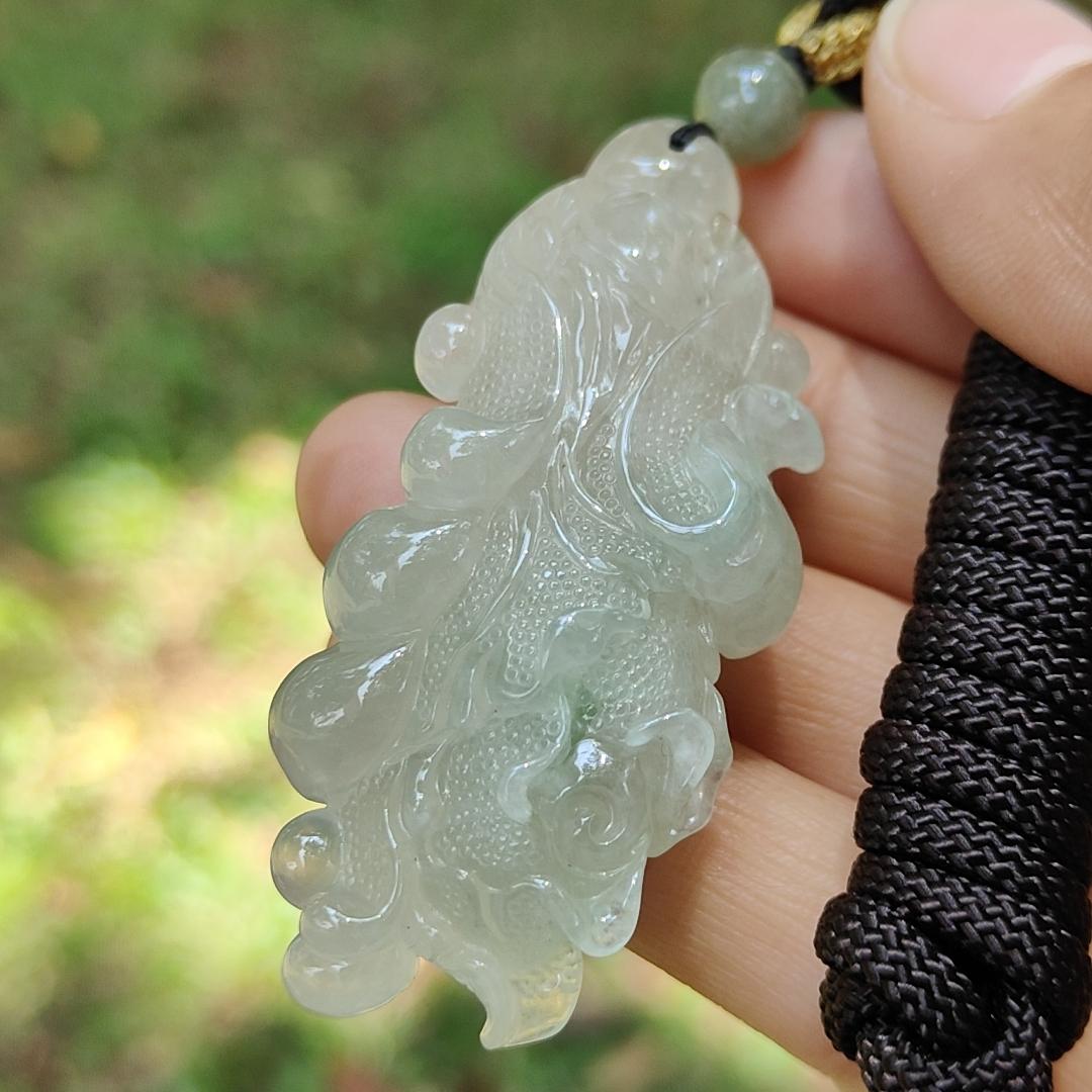 High-Quality Icy Translucent with Light Green Natural Type A Jadeite Jade crafted as Cabbage, Pendant certificate weighs 24.55 grams, measurement 56.3 * 24.6 * 12.6 (pendant272)