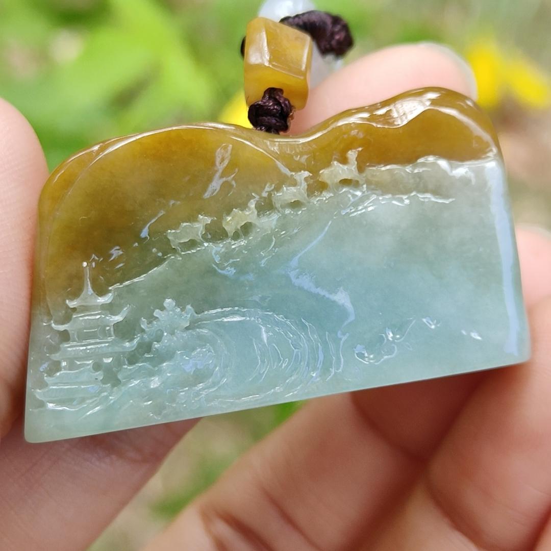 Special Price - Unique Rare Crafted with Mogao Caves on Brown Natural Type A Jadeite Jade as Pendant, certificate weighs 23.9 grams, measurement 23.1 * 41.5 * 13 mm (pendant287)