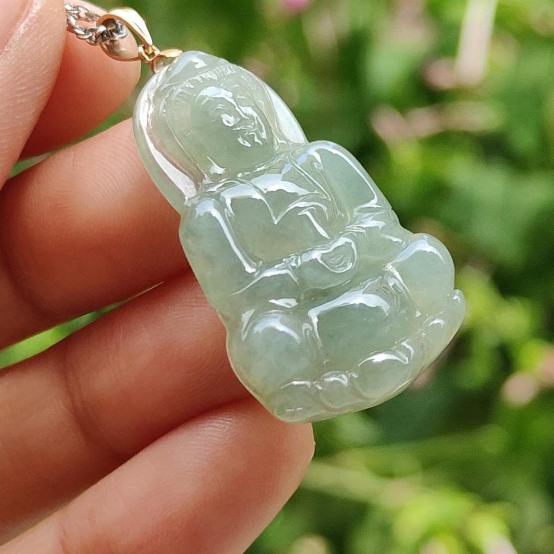 Light Green Good Translucent Natural Type A Jadeite Jade crafted with Guanyin 18k gold clasps as Pendant, certificate weighs 6.36 grams, measurement 32.2 * 21 * 5.8 mm (18kp49)