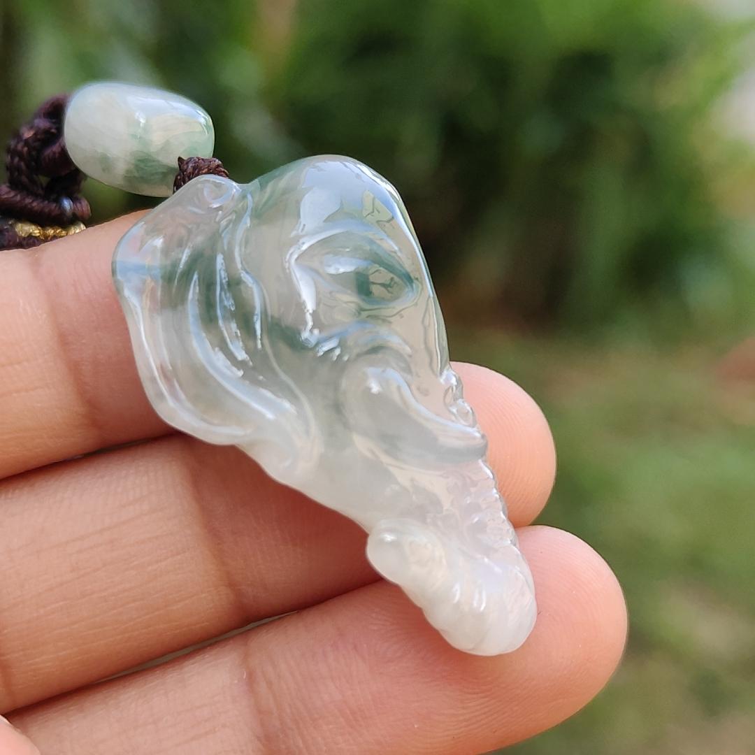 Very Rare Semi Icy Light Green Patches Natural Type A Jadeite Jade crafted with Elephant as Pendant, certificate weighs 8.63 grams, measurement 33 * 19.1 * 8.8 mm (pendant244)