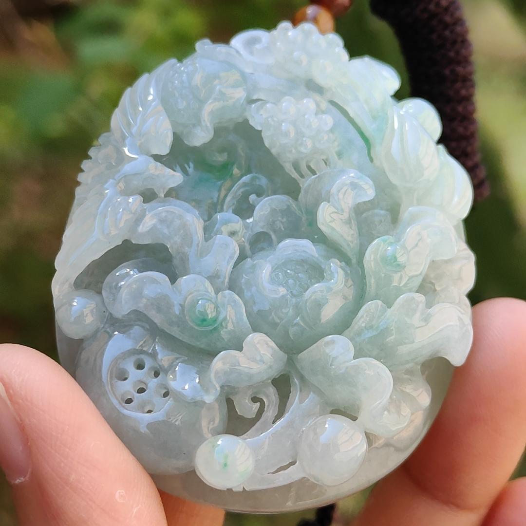 Green with Bluish Green Hue Natural Type A Jadeite Pendant Necklace crafted with Bird and flowers, symbols of Auspiciousness, blessing, Nature and vitality, certificate included weigh 69.39 grams, 55.2 * 45.8 * 15.8 mm, suitable for collection (pendant49)